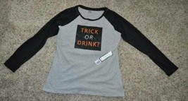 Womens Halloween Shirt Trick or Drink Gray Black Long Sleeve Top Plus-size 1X - £11.90 GBP