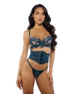 Eden Scalloped Eyelash Lace &amp; Wet Look Waspie 3 pc Set Teal - $781.20 MXN