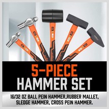 Hammer Set 5-Piece 16Oz, 32Oz Ball Pein 32Oz Rubber Mallet 3Lb Sledge 3L... - £46.26 GBP