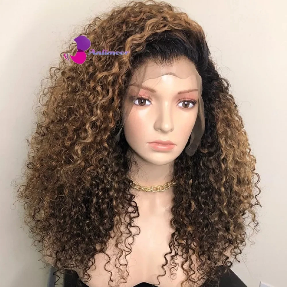 Left Side Part Brazilian Human Hair Wigs Highlight Honey Brown Color Curly Afro - £124.57 GBP+