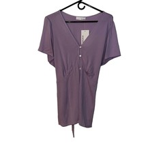 Heatherly Purple V Neck Button Front Tie Back Short Sleeve Blouse Women ... - $10.93