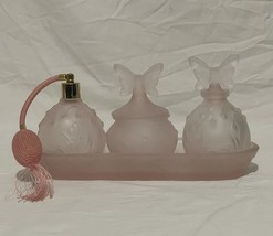 Vintage Pink Satin Glass Lilly of Valley Vanity Set Stiver Italy Butterf... - $54.44