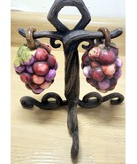 Vintage Grapes Ceramic Salt &amp; Pepper Shakers W/  Wrought Iron Vine Stand... - $17.99