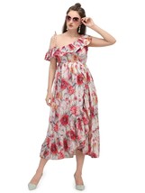 Womens White Printed Glam Off-Shoulder Ruffle Maxi Dress for cocktail Party - $29.12