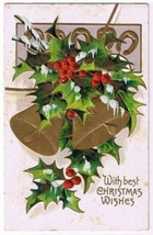 Christmas Postcard Embossed Holly Bells Horseshoes Large Three Ring Cancel - $2.96