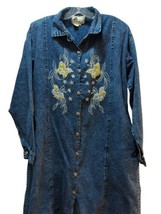 Carolina Bay women&#39;s blue jean long shirt dress Large butterflies flower... - $24.74