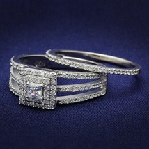 3mm Princess Cut Simulated Diamond Halo 925 Sterling Silver Wedding Ring Set - £129.17 GBP