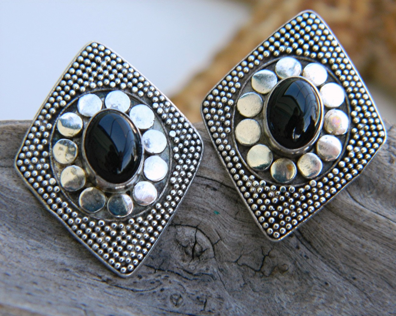Primary image for Vintage Sterling Silver Black Onyx Ornate Geometric Pierced Earrings