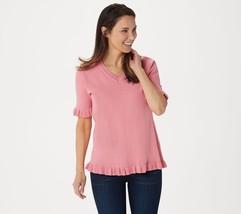 Isaac Mizrahi Live! Elbow-Sleeve Ruffle Hem V-Neck Sweater X-Small Pink ... - £11.62 GBP