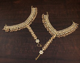 Gold Plated Tassel Beads Kundan Anklet Wedding Bridal Jewelry Set New K1099 - £52.41 GBP