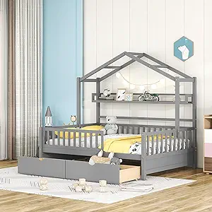 Full Size House Bed With Trundle Bed And Storage Shelf, Wooden Full Size... - $665.99