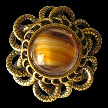 Rococo Tigers Eye Glass Brooch Baroque Pin Antique Gold Tone Ornate Vintage 70s - £15.97 GBP