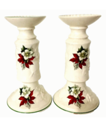 ROYAL WORCESTER Candle Holders Pair Vtg Palissy Ware White w/Poinsettias... - $9.89