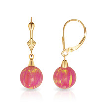 8 mm Ball Shaped Light Pink Fire Opal Leverback Dangle Earrings 14K Yell... - £84.08 GBP