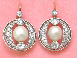 ANTIQUE 1.29ctw MINE DIAMOND 7mm NATURAL PEARL 18K COCKTAIL WIRE EARRING... - $4,058.01