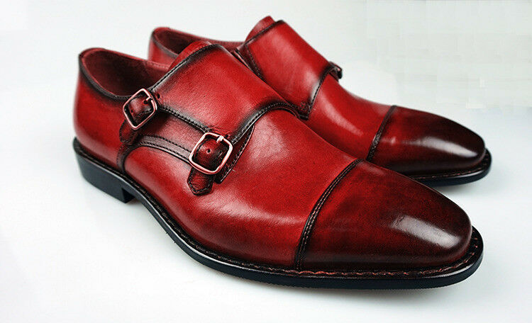 Men Brown Burnished Cape Toe Double Buckle Straps Monk Leather Shoes US 7-16