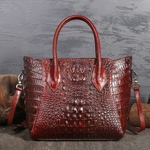 Women Oil Wax Genuine Leather Shoulder Top Handle Bag Crocodile Pattern Luxury L - £130.34 GBP