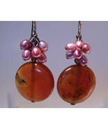 Earrings Sterling Silver Genuine Jade Fresh Water Pink Pearl - $13.70 CAD