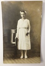 RPPC Lovely Young Lady Holding Bible in White Dress ID&#39;d on Back AZO Girl Teen - $11.00