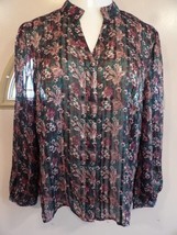 Melloday Women&#39;s Medium Green Floral Long Sleeve Blouse Button Down V Ne... - £15.12 GBP