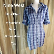 Nine West Blue Plaid V Neckline Button Down Top Size XL - £9.46 GBP