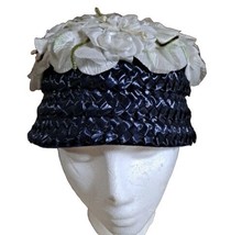 Vintage Ladies Navy Blue White Woven Straw Pillbox Summer Floral Hat 1960’s - £47.48 GBP