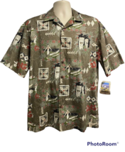 Hilo Hatties Green Tiki Hawaiian Aloha Floral Button Up Shirt Large Pocket New - £23.36 GBP