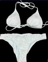 Mossimo Swimsuit Bikini Women Med Green Eyelet Lace Triangle Top Cheeky Bottom - $19.39