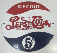 Ice Cold Pepsi-Cola 5¢ - 11-1/2&quot; Round Metal Sign - £78.17 GBP