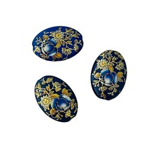 5 pcs Japanese Tensha Blue Gold Rose 19x14mm Flat Oval Painted Acrylic Beads - £9.64 GBP