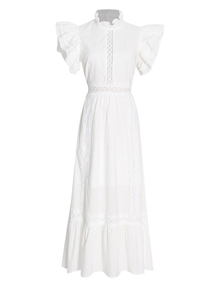 Women's Vintage Ruffled High-neck Crochet Trimmed Maxi Tiered Dress in White AUS Item image 10
