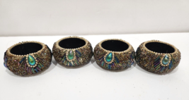Peacock Green Purple Gold Jeweled Beaded Napkin Rings set of 4 - £21.71 GBP
