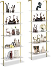 5 Tiers Ladder 2-Piece Shelf White Marble Modern Bookshelf Open Tall Wall Mount - £97.68 GBP