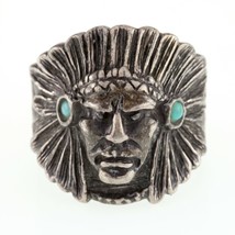 Vintage Native American Chief Sterling Silver Ring w/ Turquoise Accents SZ 11 - £102.07 GBP
