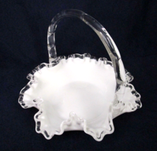 Fenton Silver Crest White Art Glass Basket Candy Dish Clear Handle  USA vtg - £11.09 GBP