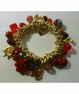 Signed Millefiori Red Glass Bead Cluster Charm Stretch Bracelet - $53.55 CAD