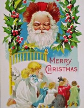 Santa Claus Postcard Christmas Saint Nick Looks Down At Children Praying Unused - £16.04 GBP