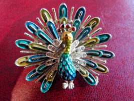 CORO Vintage Peacock Brooch Red &amp; Clear Rhinestones Green Enamel Tones C... - $124.95