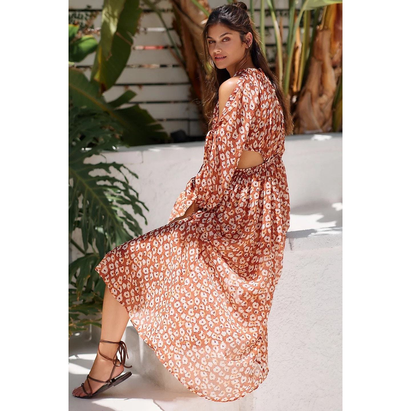 New By Anthropologie Sheer Cold Shoulder Coverup Dress $98 SMALL Boho - $63.00