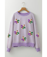 Purple Stripe Sequin Fleur de Lis Patched Pattern Long Sleeve Top - $454.05 MXN