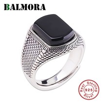 Black Stone Ring Men&#39;s Real 925 Sterling Silver Opening Size Wedding Lady Men&#39;s  - £25.42 GBP