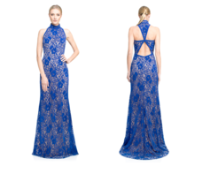 Nwt Tadashi Shoji Sage In Jewel Blue Nude Velvet Lace Cut-out Back Gown Dress 00 - £77.84 GBP