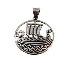Solid 925 Sterling Silver Viking Age Ship / Sailboat on the Sea Scene Pendant - £21.75 GBP
