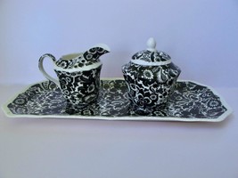 Vintage Black &amp; White Floral Paisley Rectangular Tray + Cream and Sugar Mod - £21.67 GBP