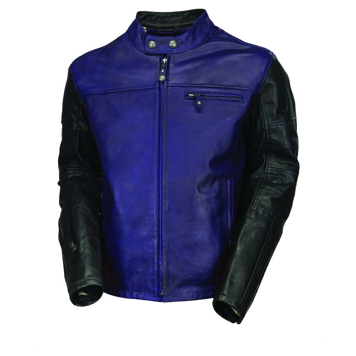 Custom Men Black Blue Cont Motorcycle Front Zip Real Leather Safety Pads jacket