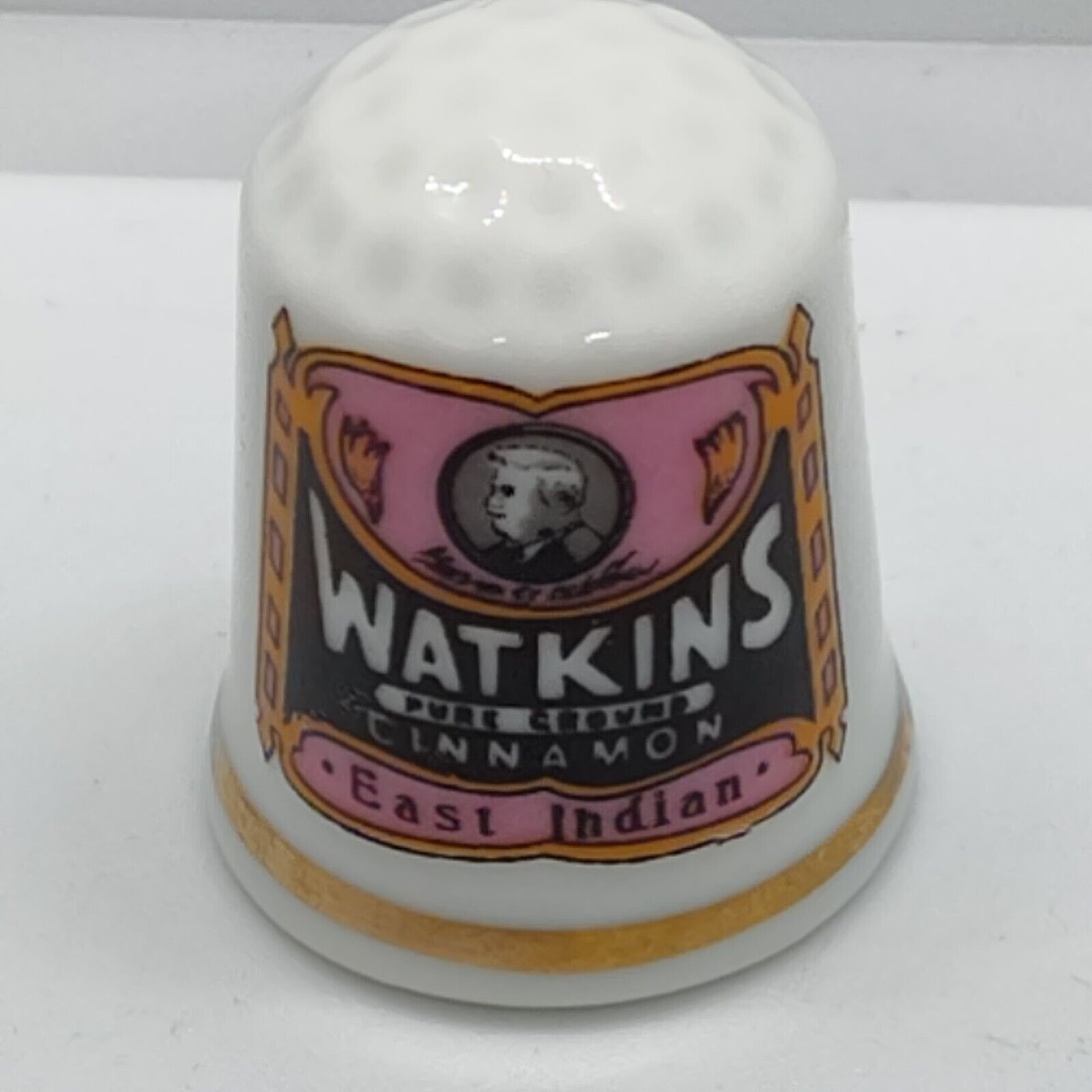 Vintage Ceramic THIMBLE Collectible Gift Watkins Pure Ground Cinnamon Label - $6.98