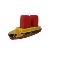 Vintage Chalkware Ship Salt &amp; Pepper Set Red Black Yellow - £8.55 GBP