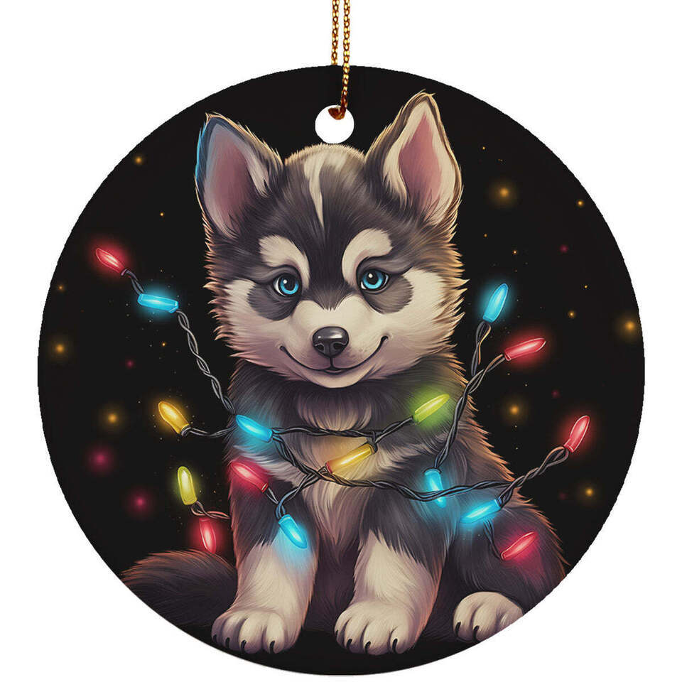 Cute Husky Puppy Dog Christmas 2024 Ornament Ceramic Xmas Gift Decor Hanging