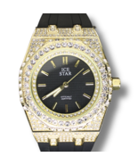 Men&#39;s Big Face Iced up Bezel 43mm Hip Hop CZ Gold Plated Rubber Band Watch - £19.61 GBP