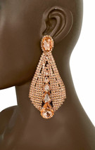 4.75&quot; Long Statement Evening Earring Peach Rhinestones, Pageant, Costume Jewelry - £22.01 GBP